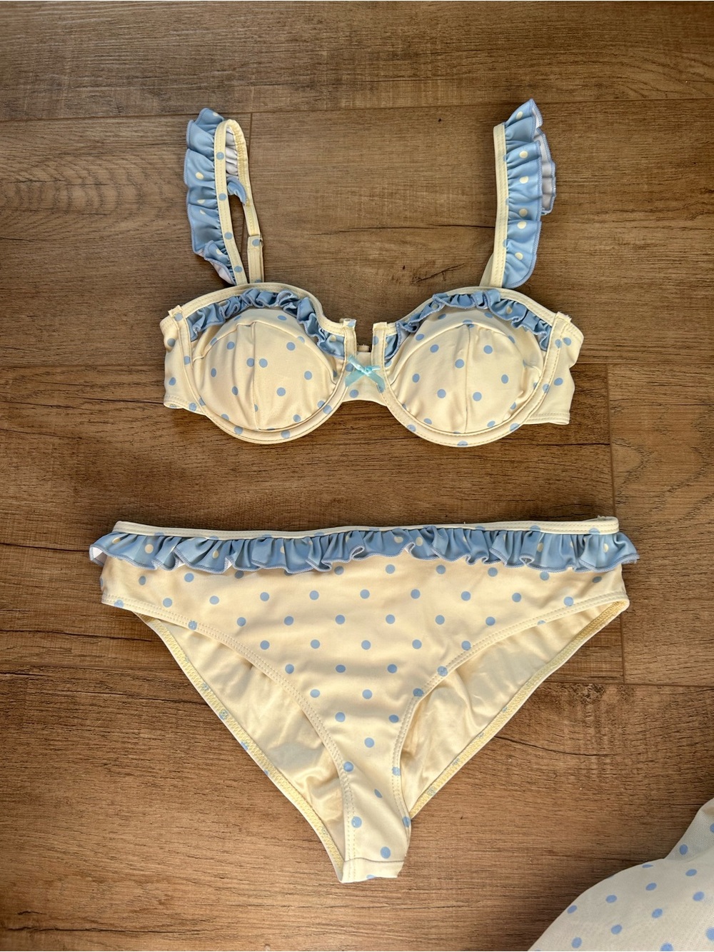Woman’s Cream and Light Blue Polka Dot Ruffled Bikini Set